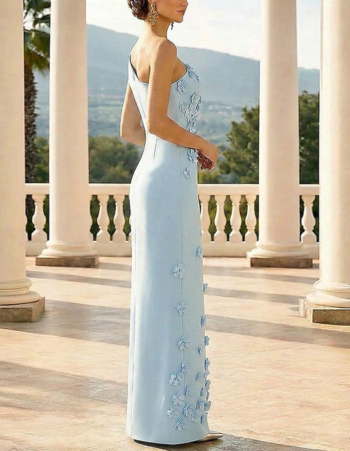 Robe maxi bleu clair à une épaule avec motif floral 3D  