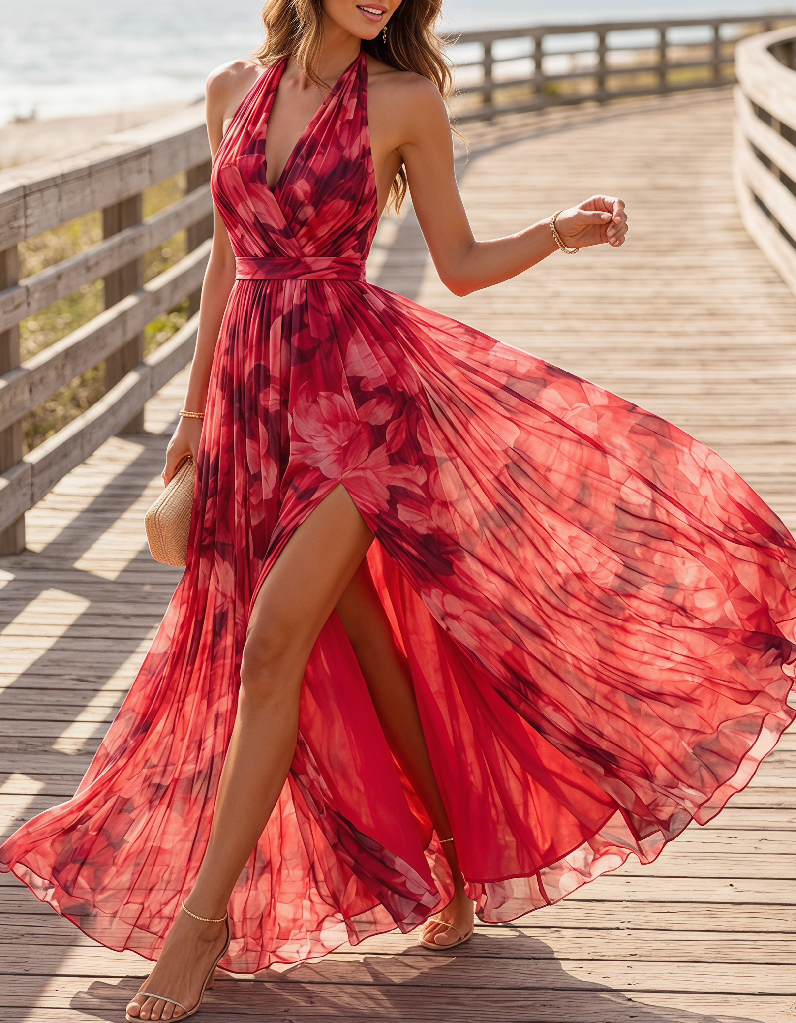 Red Floral Print Halter-Neck Chiffon Maxi Dress