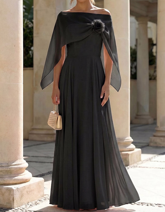 Blush Pink Off-Shoulder Capelet Chiffon Maxi Dress