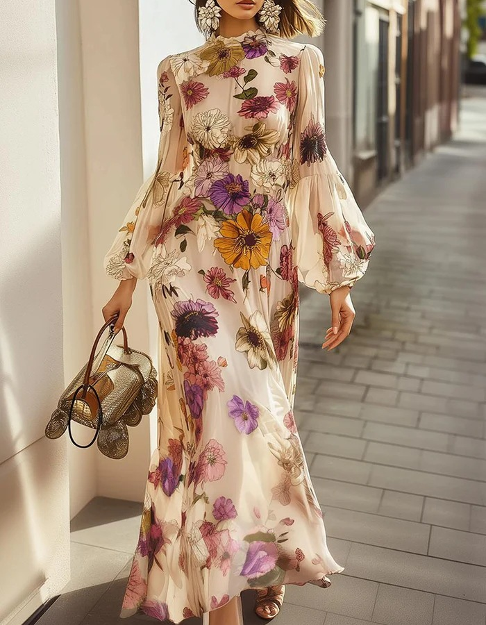 Apricot Floral Print Chiffon High-Neck Maxi Dress
