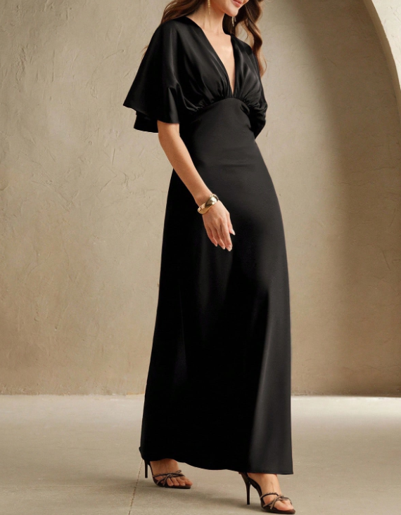Satin V-Neck Fitted Waist Fishtail Maxi Dress