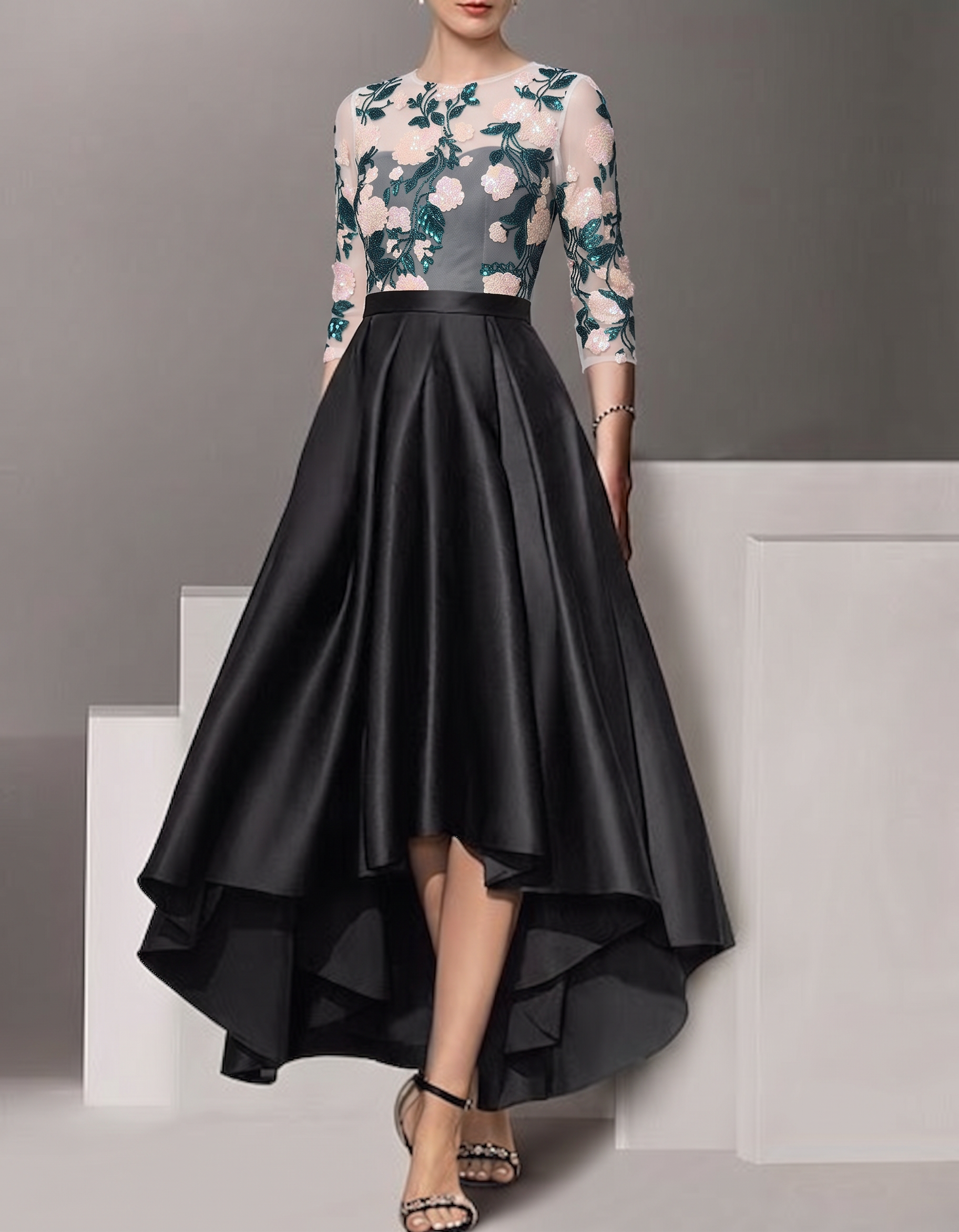 Satin Lace Sequin Embroidery Irregular Hem Maxi dress