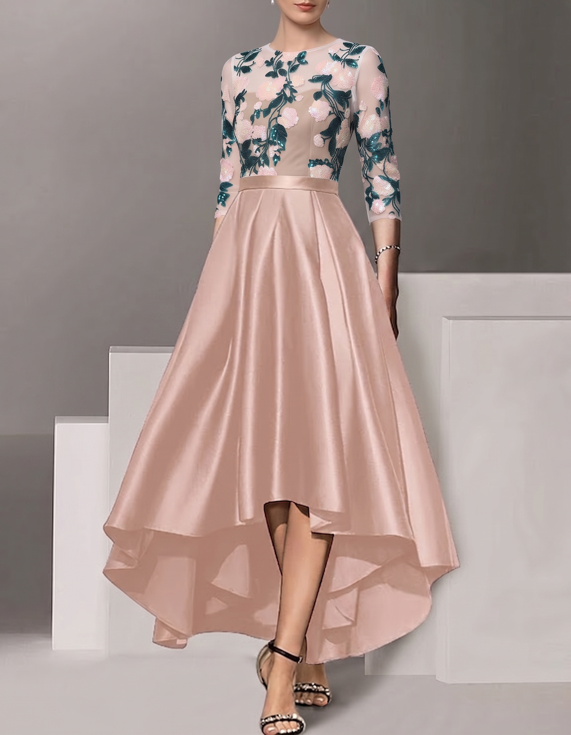 Satin Lace Sequin Embroidery Irregular Hem Maxi dress