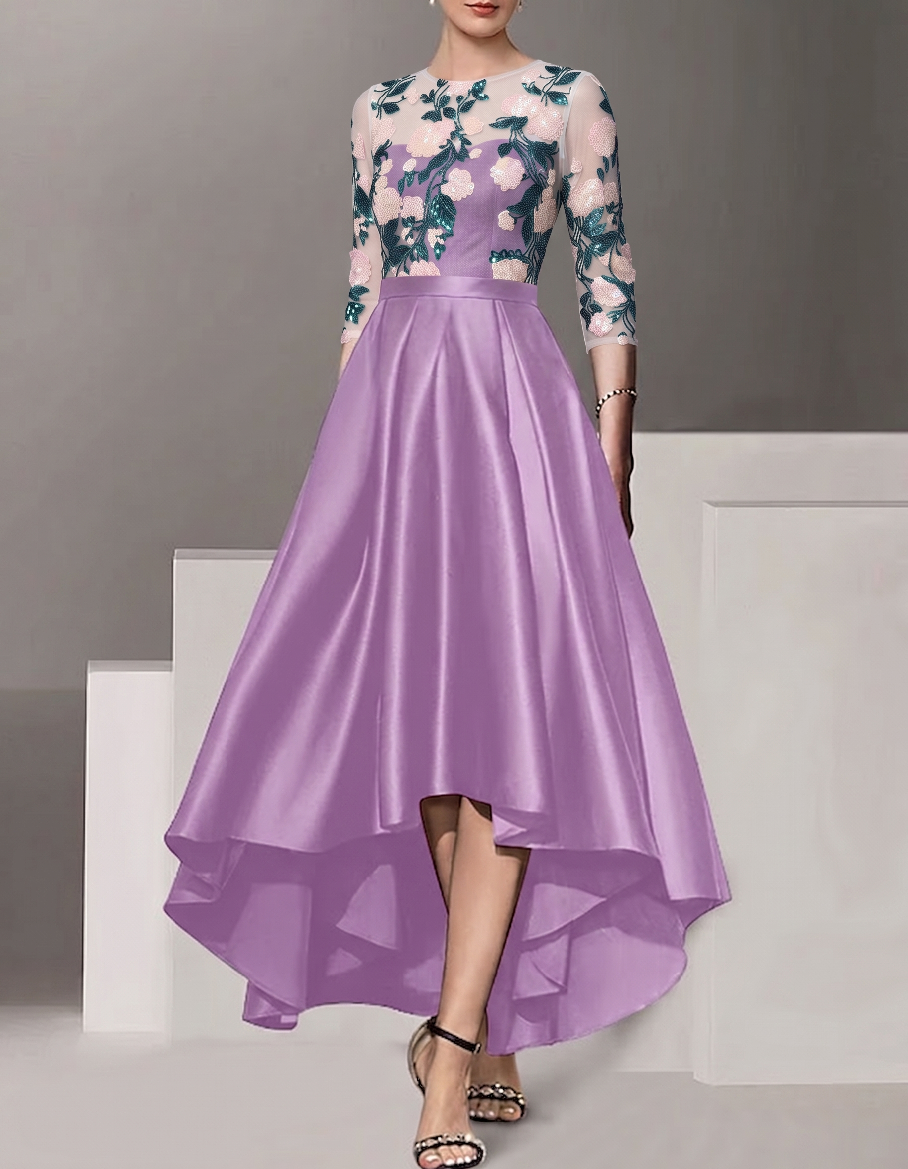 Satin Lace Sequin Embroidery Irregular Hem Maxi dress