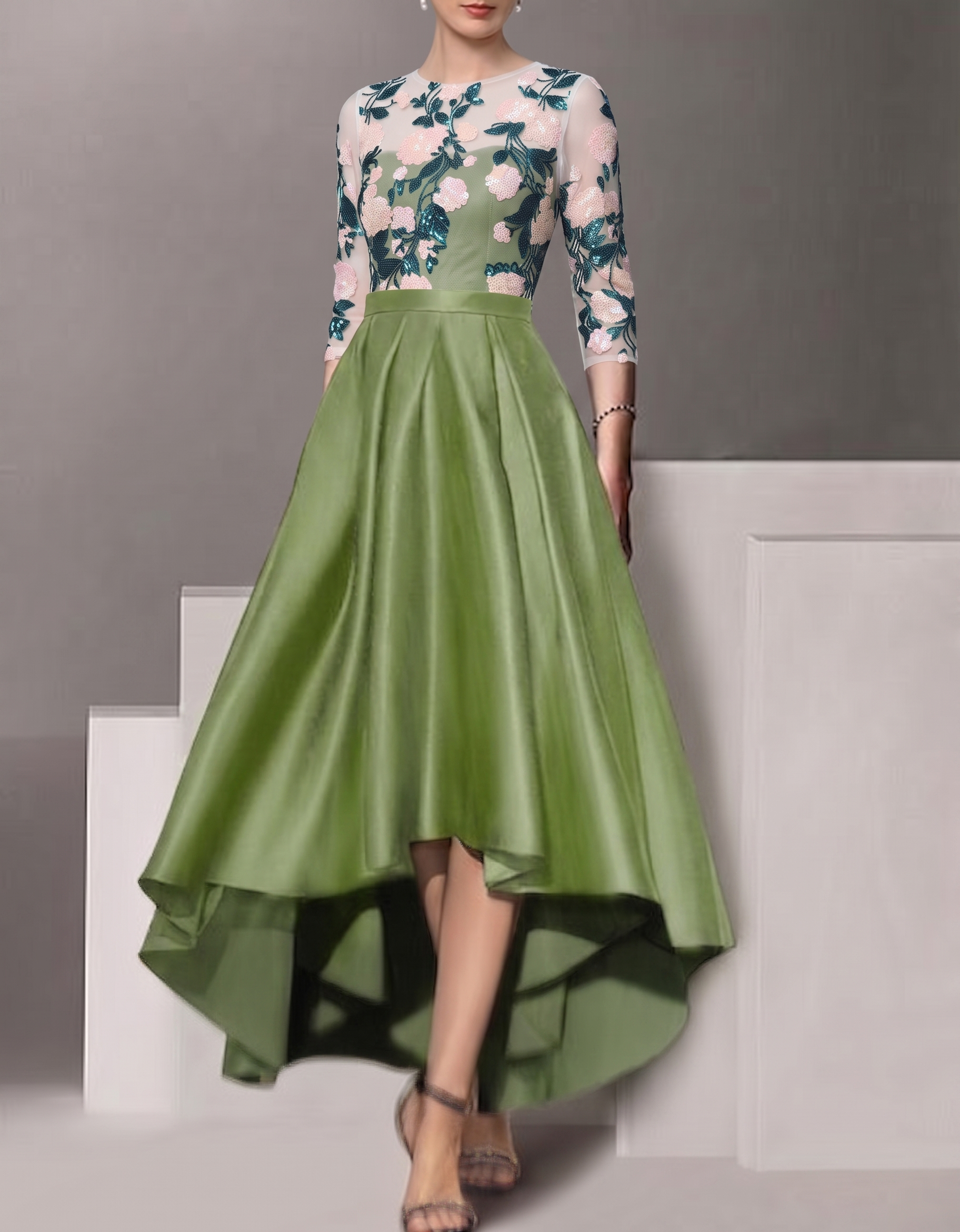 Satin Lace Sequin Embroidery Irregular Hem Maxi dress