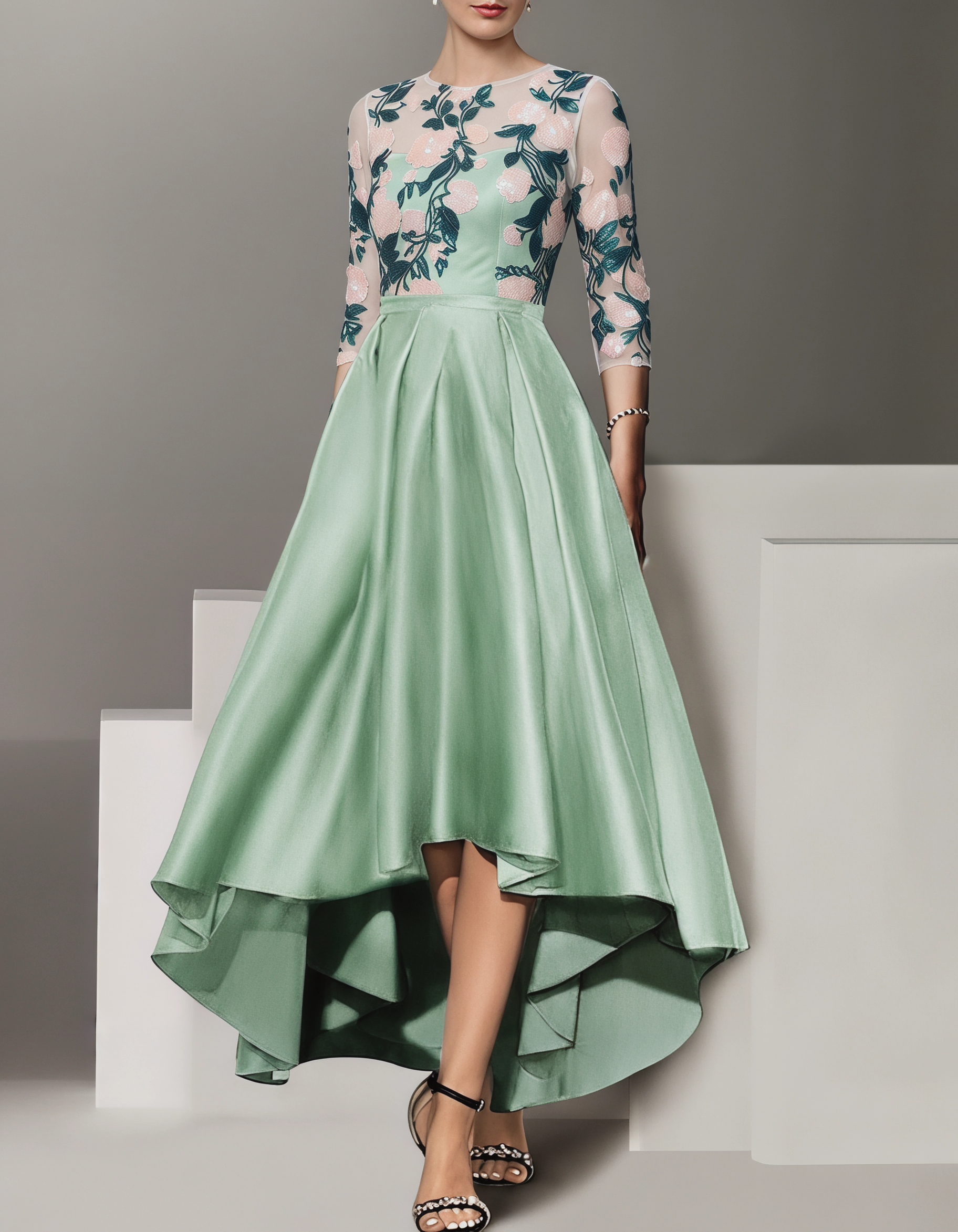 Satin Lace Sequin Embroidery Irregular Hem Maxi dress