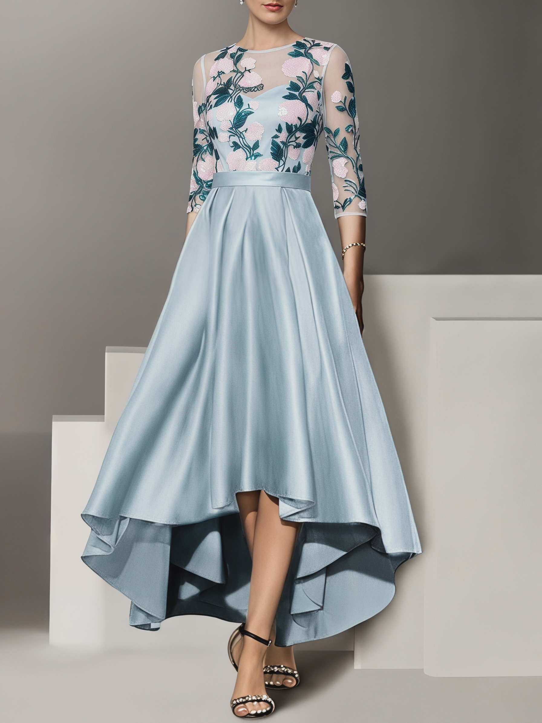 Satin Lace Sequin Embroidery Irregular Hem Maxi dress