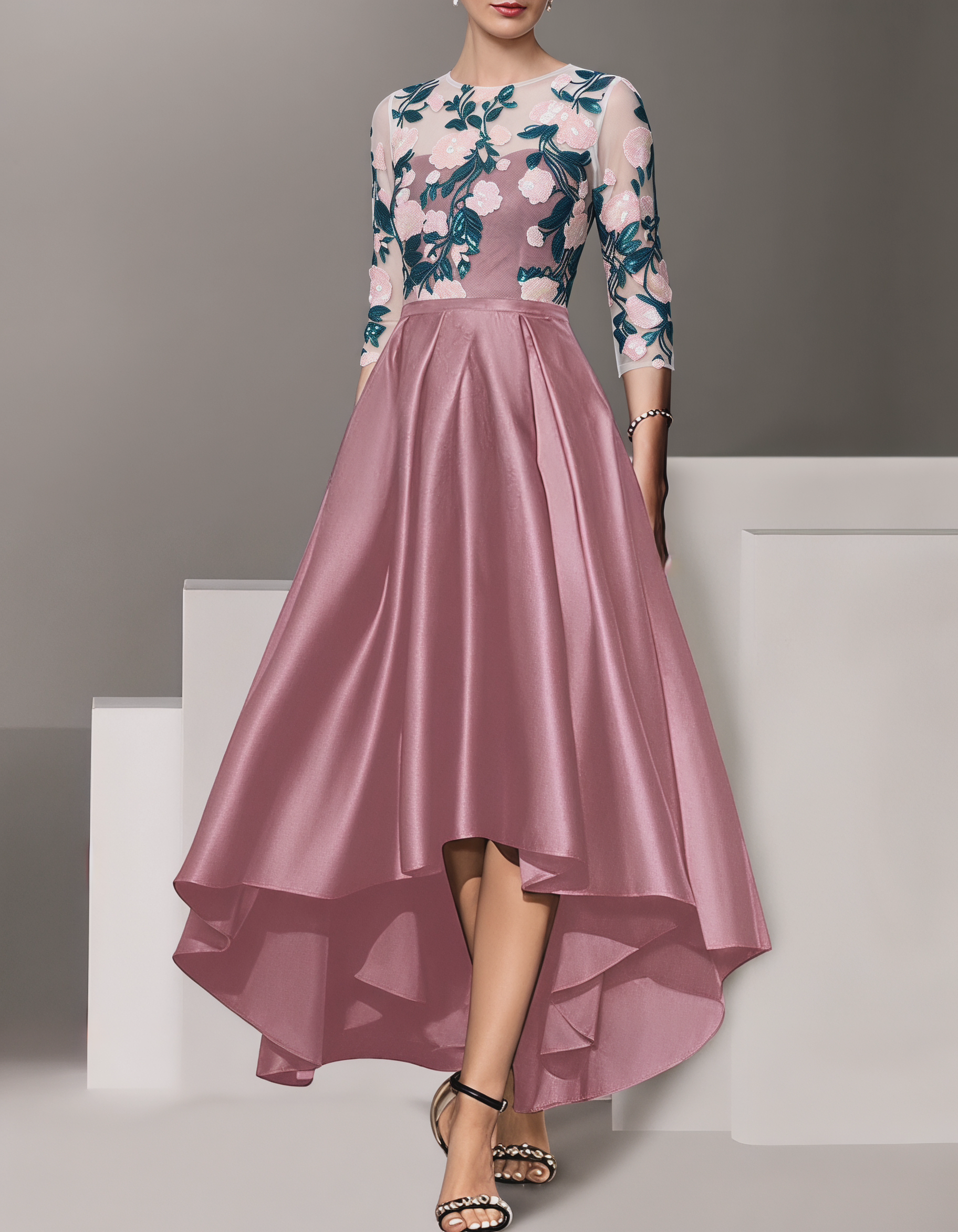 Satin Lace Sequin Embroidery Irregular Hem Maxi dress