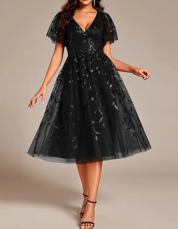 Chiffon Mesh Sequined Embroidered V-Neck Midi Dress