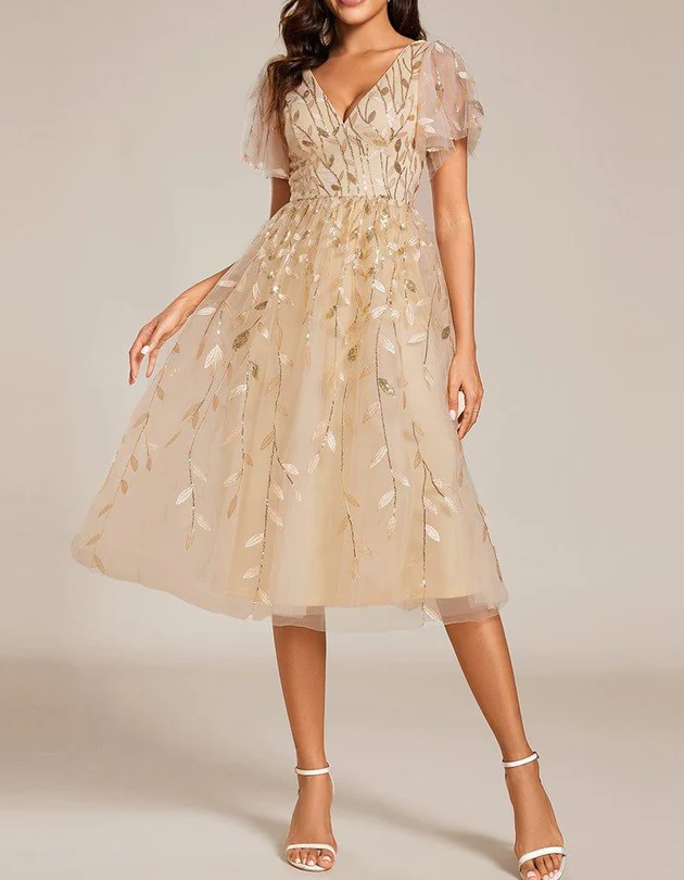 Chiffon Mesh Sequined Embroidered V-Neck Midi Dress