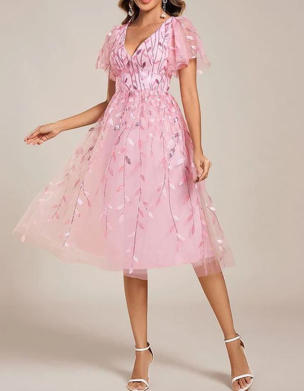 Chiffon Mesh Sequined Embroidered V-Neck Midi Dress