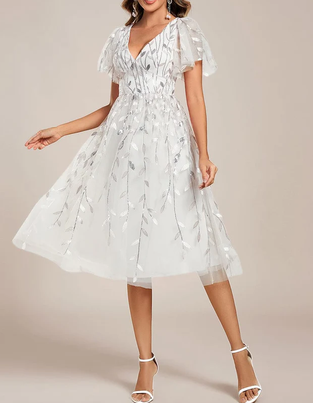 Chiffon Mesh Sequined Embroidered V-Neck Midi Dress