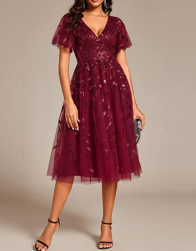 Chiffon Mesh Sequined Embroidered V-Neck Midi Dress