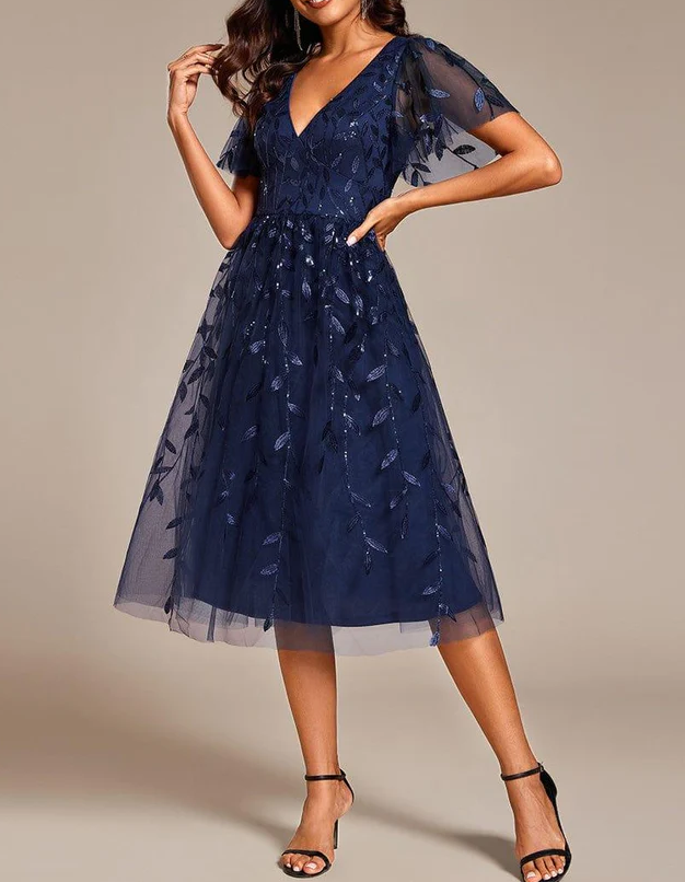 Chiffon Mesh Sequined Embroidered V-Neck Midi Dress