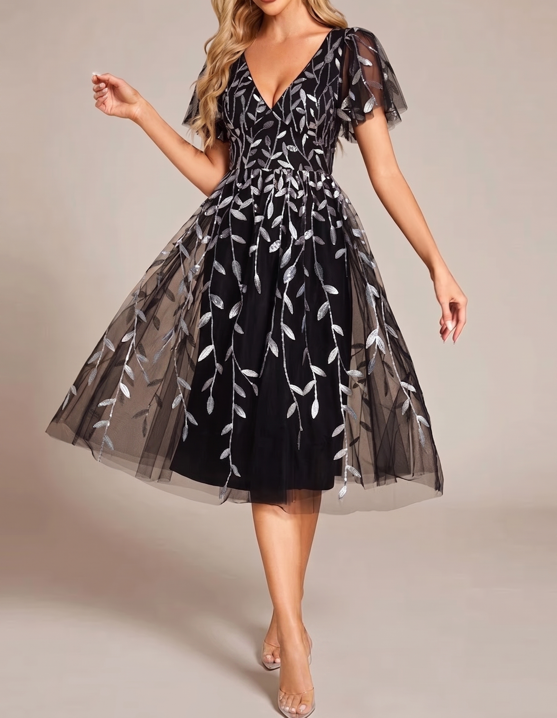 Chiffon Mesh Sequined Embroidered V-Neck Midi Dress