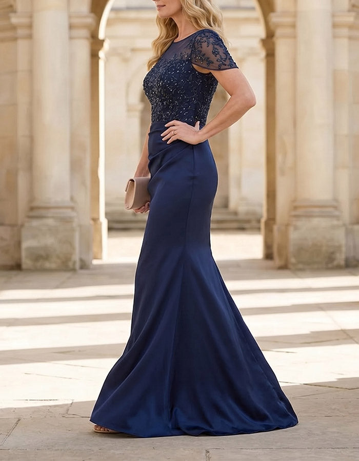 Rochie maxi sirenă cu guler iluzie din dantelă cu paiete bleumarin și satin
