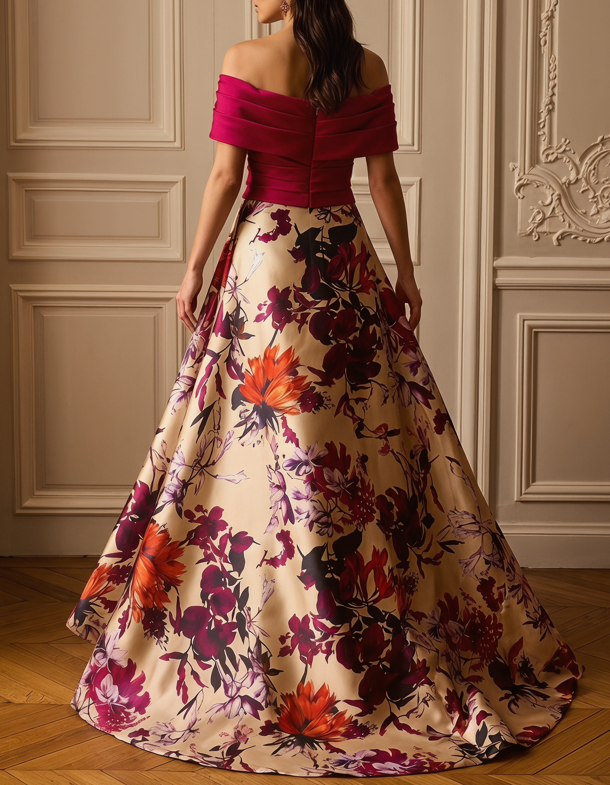 Rosarotes Satin-Maxikleid mit floralem Print und schulterfreiem Schnitt