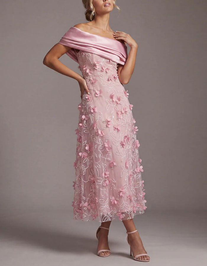 Vestido maxi de tul floral 3D rosa con hombros descubiertos  