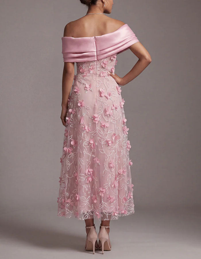 Rosa schulterfreies 3D-Blumen-Tüll-Maxikleid
