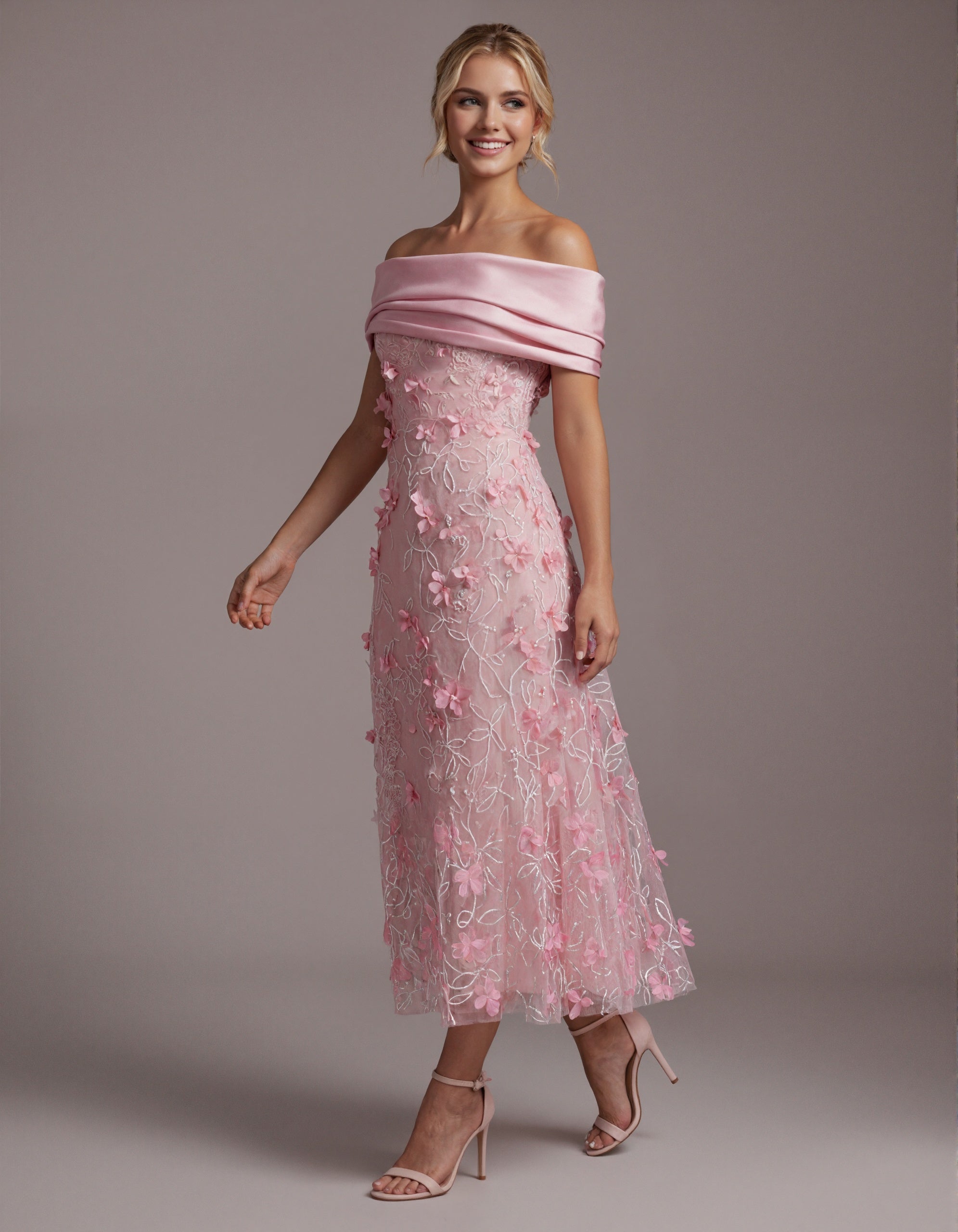 Rosa schulterfreies 3D-Blumen-Tüll-Maxikleid