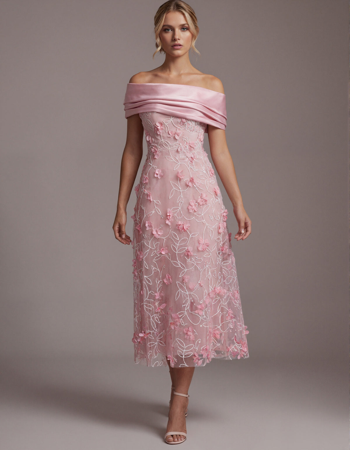 Rosa schulterfreies 3D-Blumen-Tüll-Maxikleid
