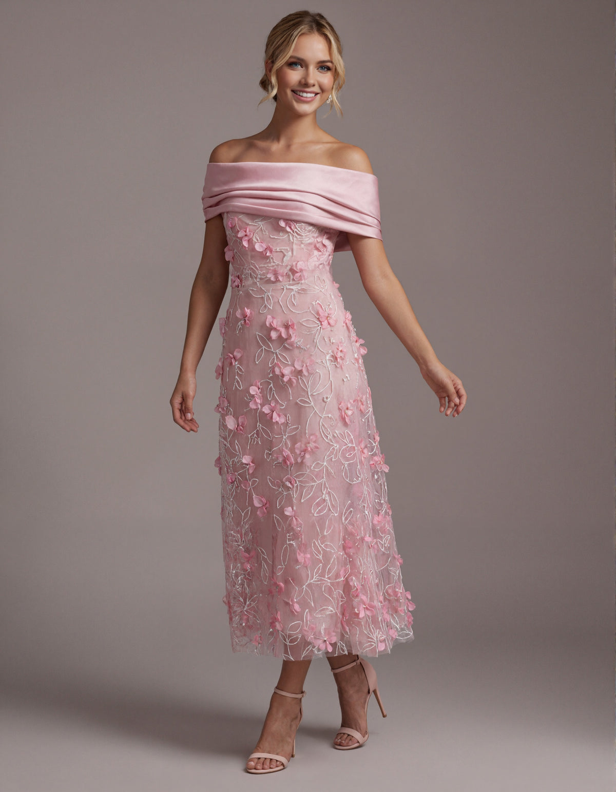 Rosa schulterfreies 3D-Blumen-Tüll-Maxikleid