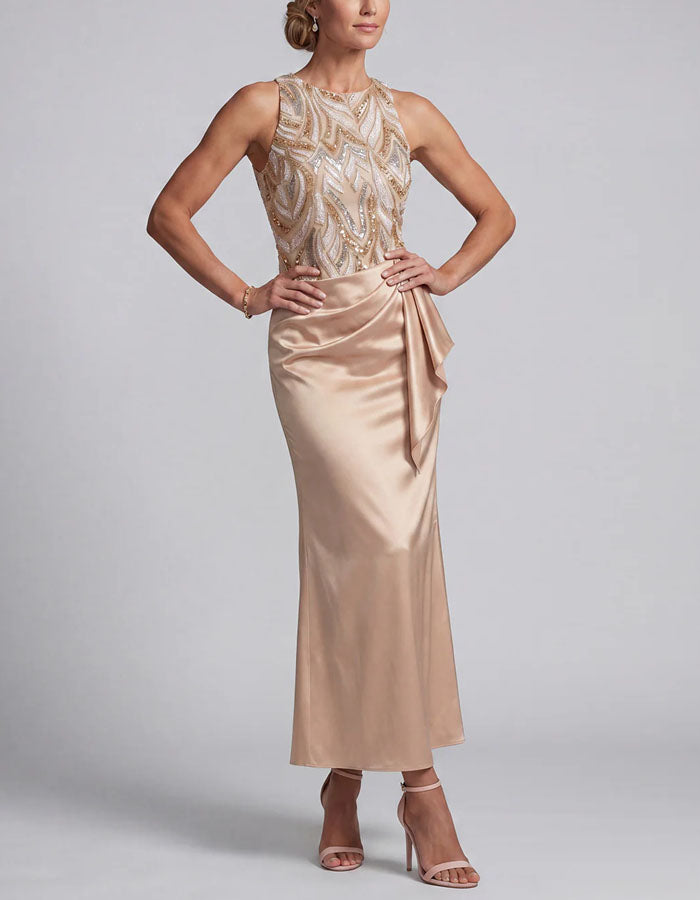 Rochie maxi din satin șampanie cu paiete  