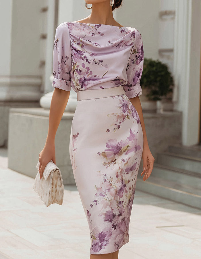 Lavendel aquarel bloemen satijnen midi-jurk