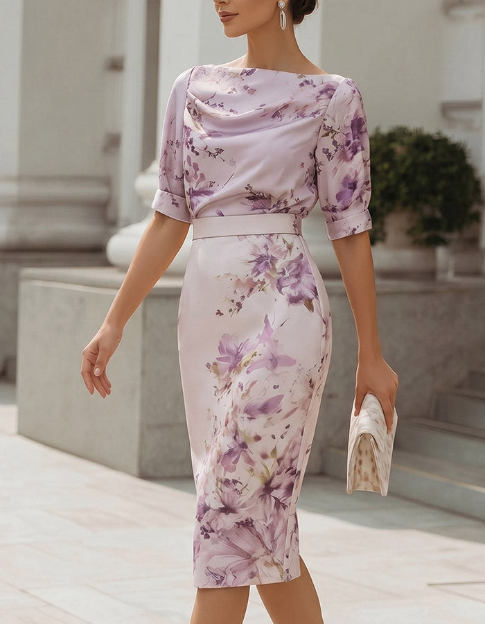 Lavender Watercolor Floral Satin Midi Dress