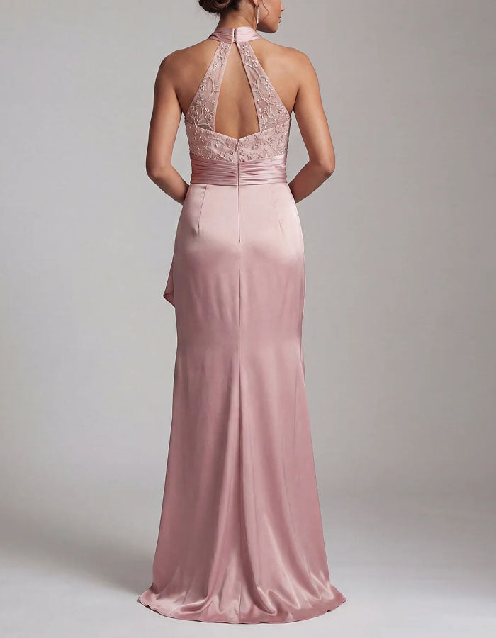 Pink Backless Sequined Satin Hem Maxi Dress