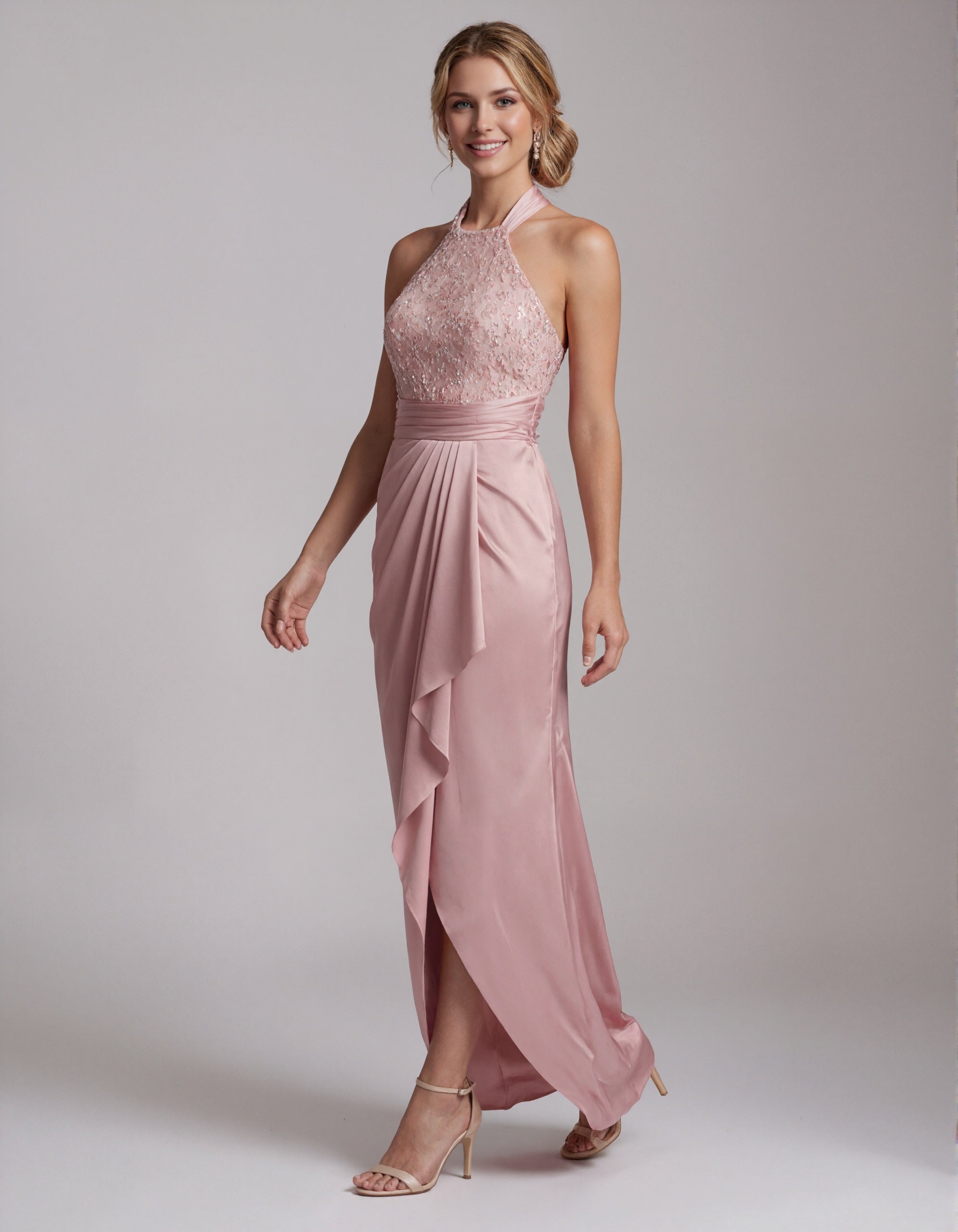Pink Backless Sequined Satin Hem Maxi Dress