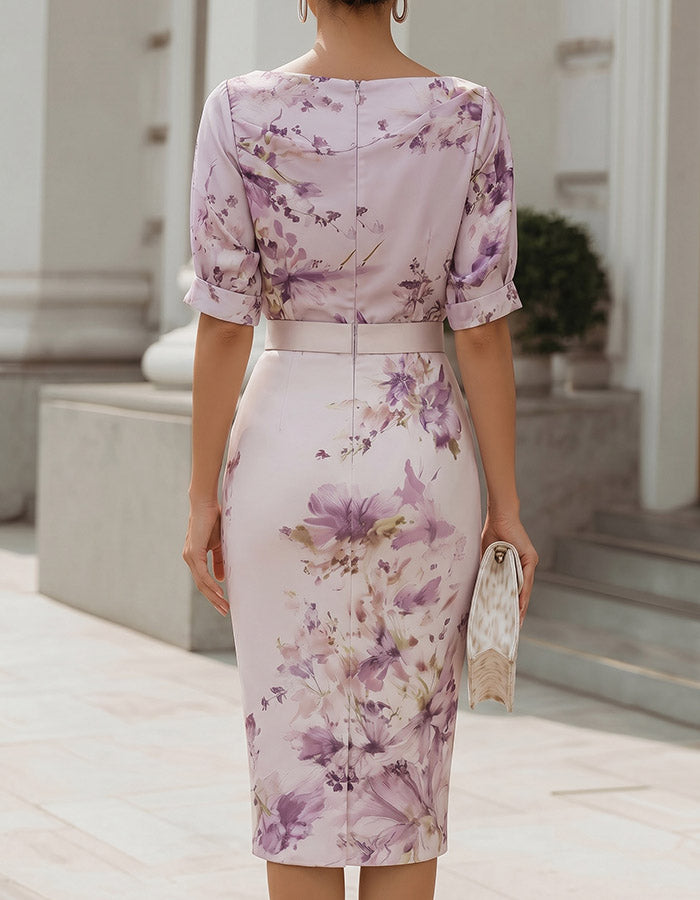 Lavender Watercolor Floral Satin Midi Dress