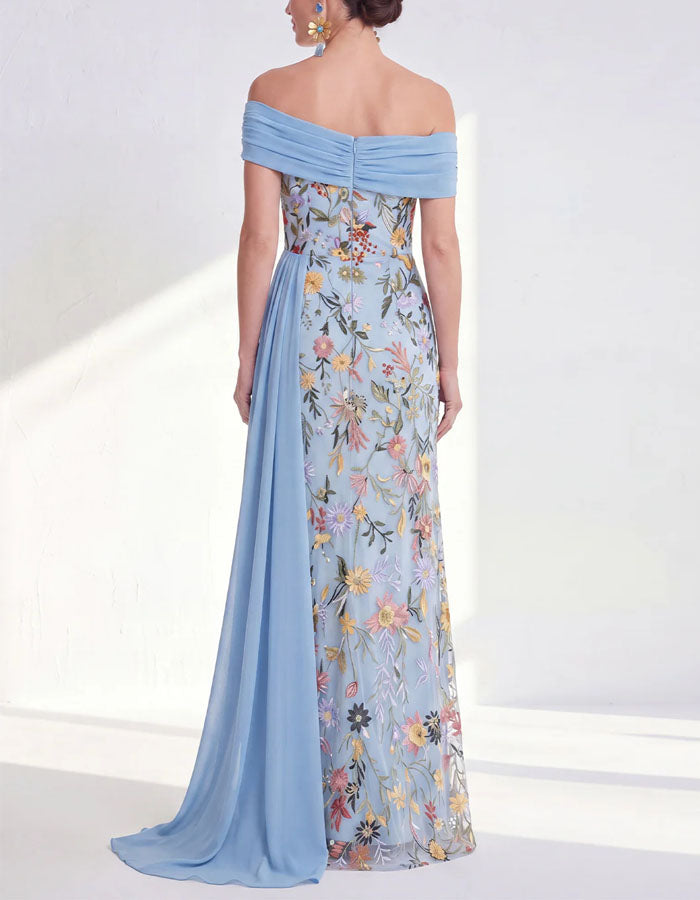 Robe longue unie en tulle brodé floral à épaules dénudées