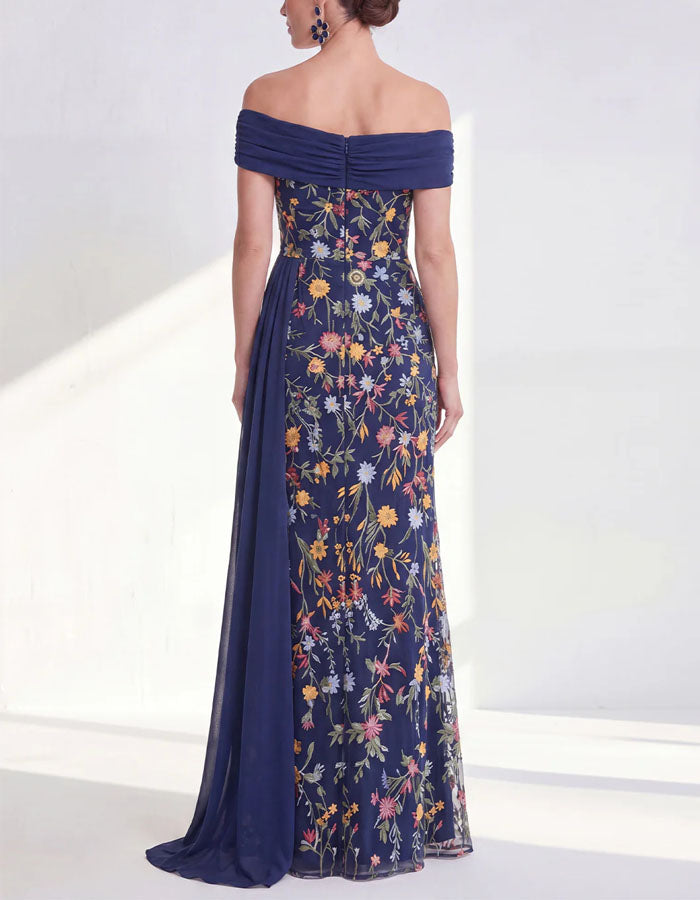 Robe longue unie en tulle brodé floral à épaules dénudées