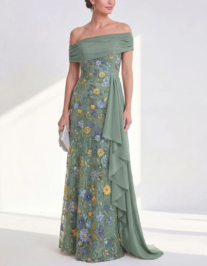 Vestido maxi liso de tul bordado con flores y hombros descubiertos  