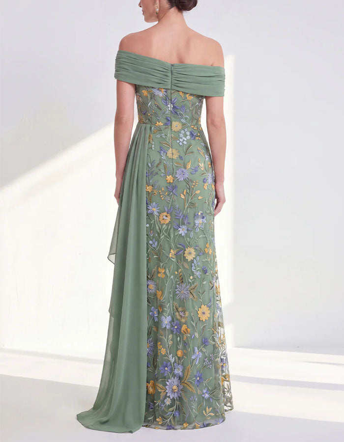 Robe longue unie en tulle brodé floral à épaules dénudées