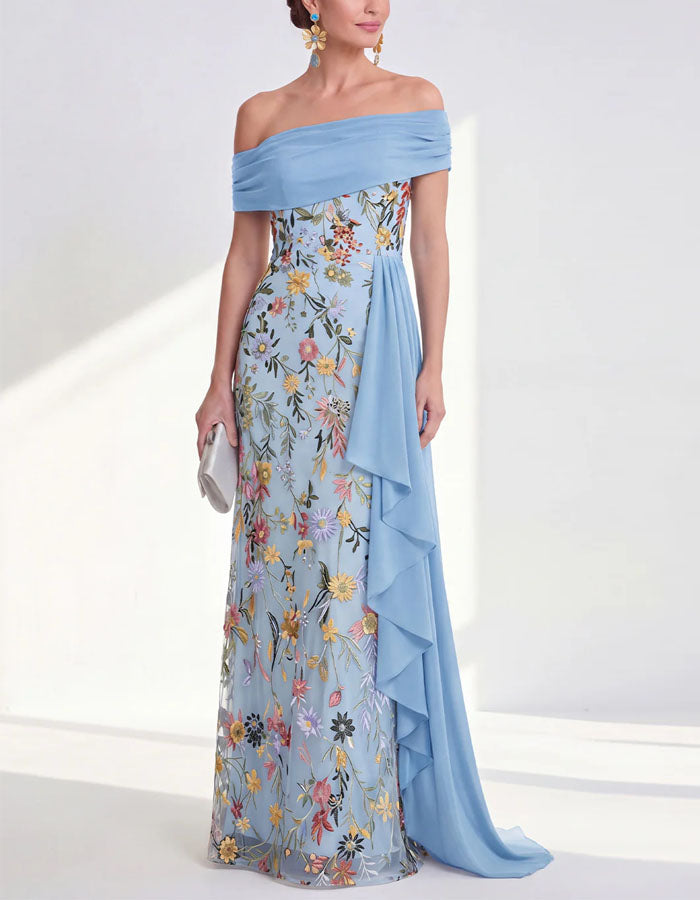 Vestido maxi liso de tul bordado con flores y hombros descubiertos  