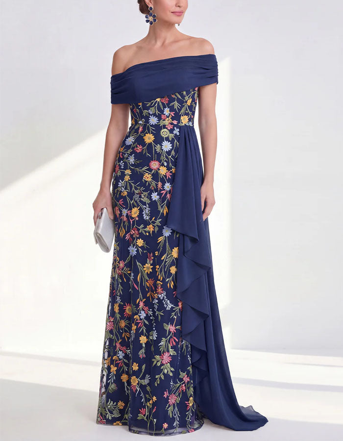 Vestido maxi liso de tul bordado con flores y hombros descubiertos  