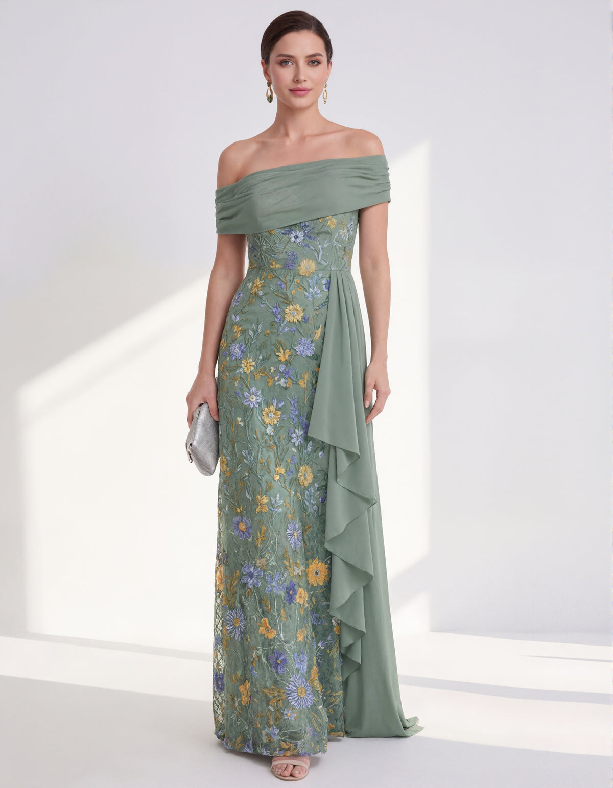 Rochie maxi din tul brodat floral, culoare uni, cu umerii goi  
