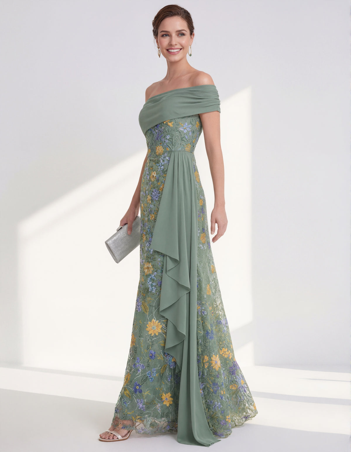 Robe longue unie en tulle brodé floral à épaules dénudées