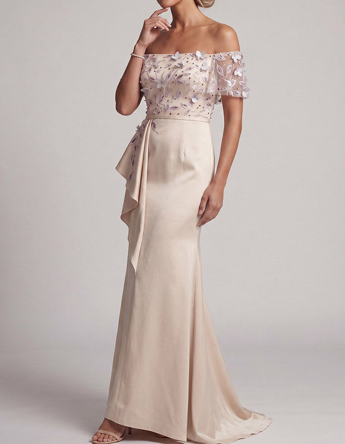 Champagne Off-shoulder Versierde Kant- en Satijnen Zeemeermin Maxi-jurk