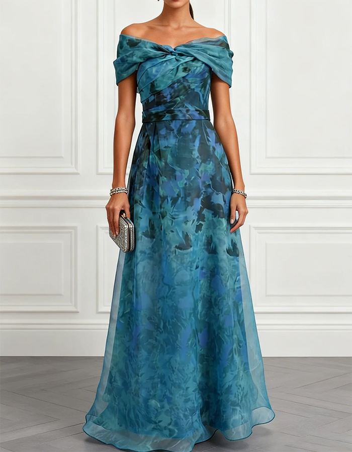 Teal Watercolor Floral Off-the-Shoulder Chiffon Maxi Dress