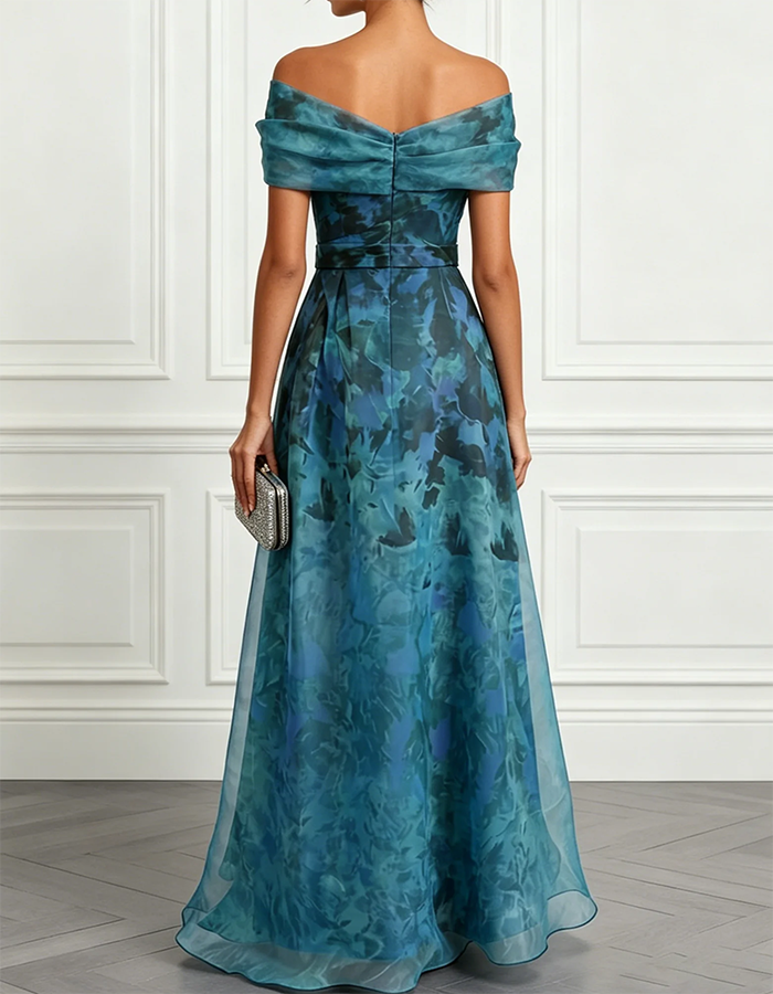 Vestido maxi de gasa con flores en acuarela azul verdoso y escote off-the-shoulder