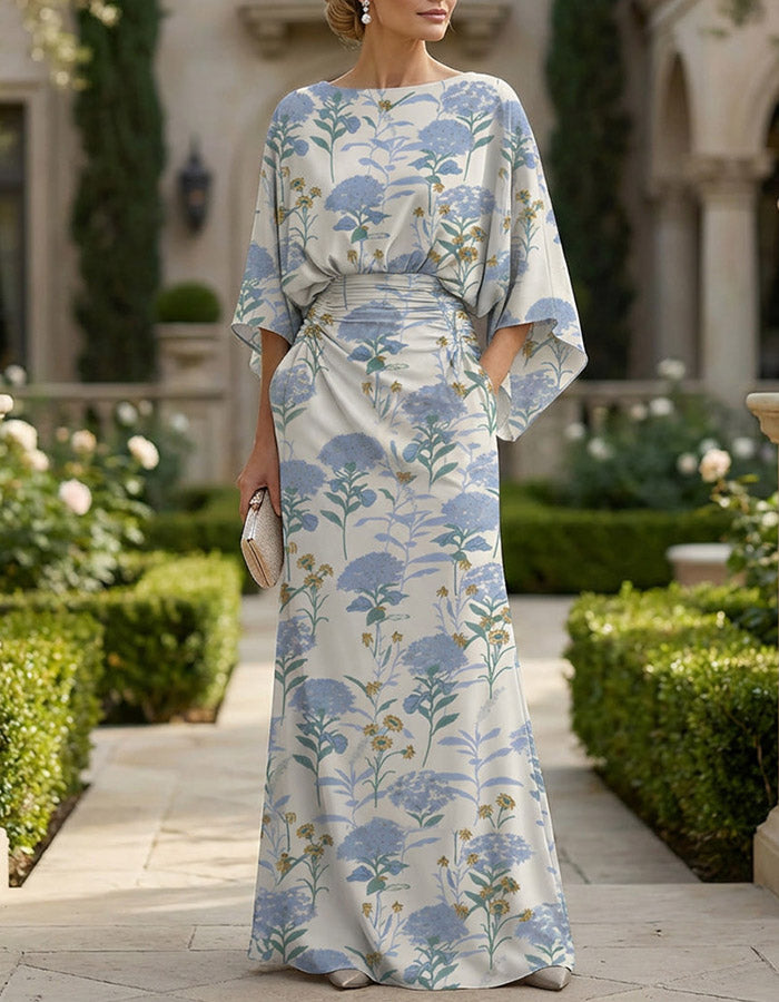 Ivory & Blue Hydrangea Print Satin Maxi Dress