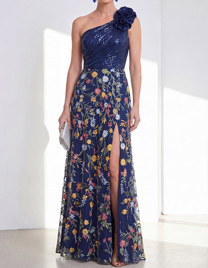 Navy Blue One-Shoulder Sequin & Floral Embroidered Maxi Dress