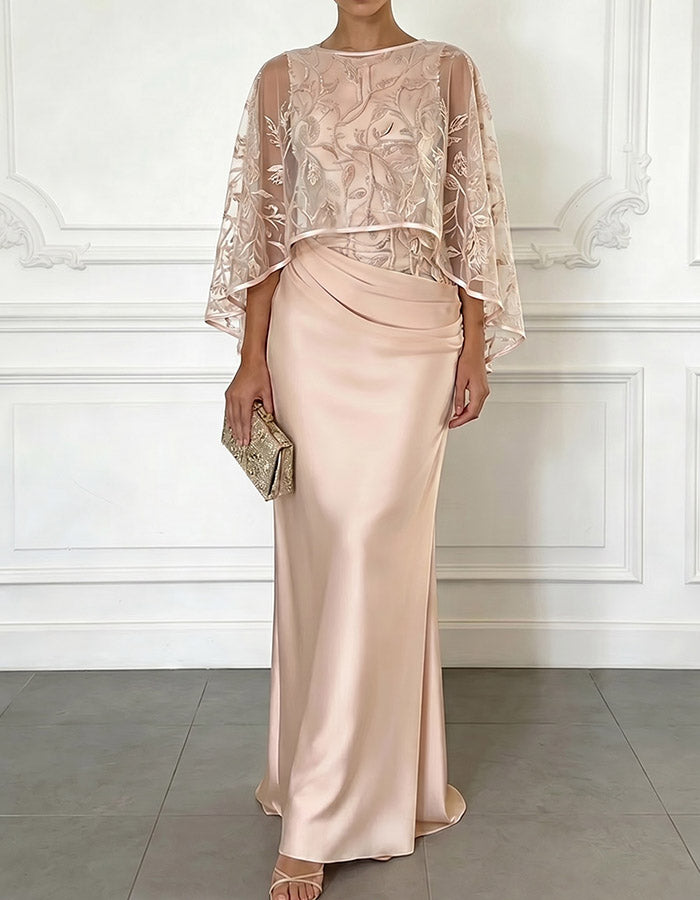 Blush Pink Embroidered Tulle Capelet & Satin Maxi Dress