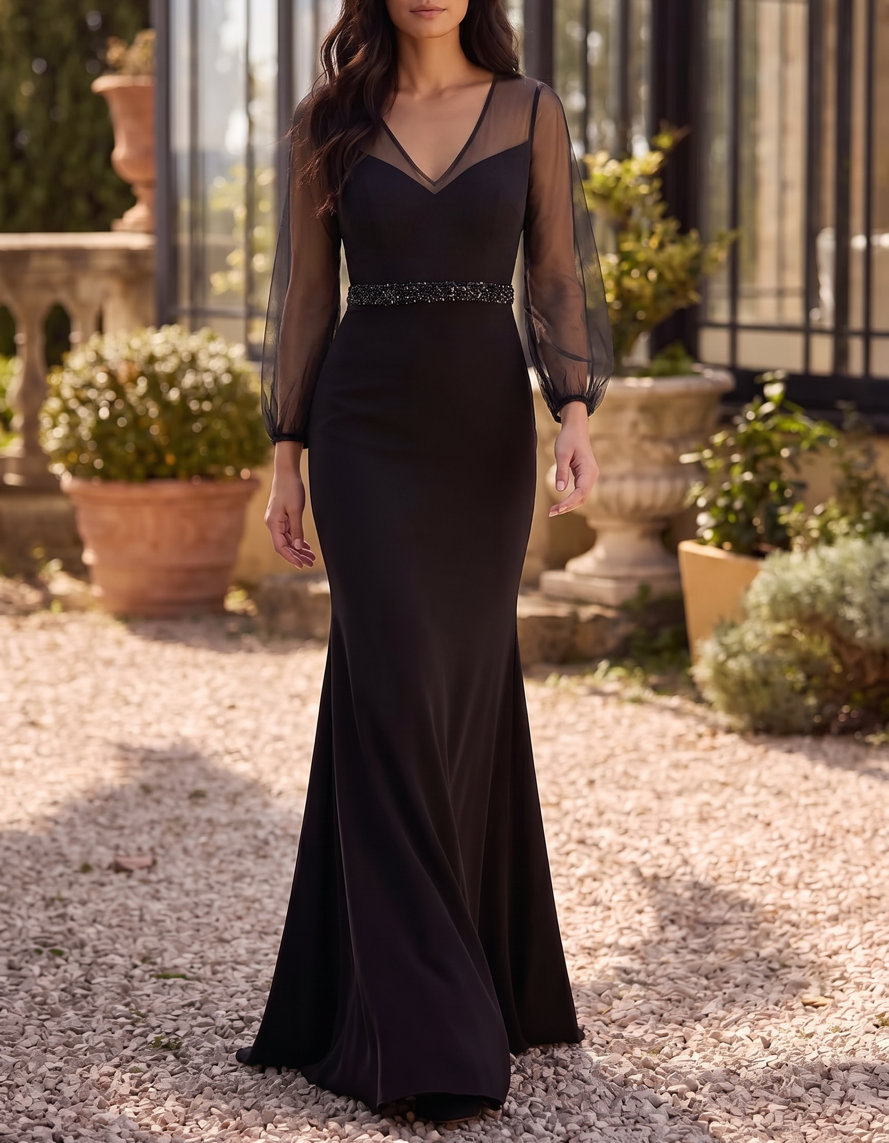 Black Mesh Chiffon Fitted Waist Mermaid Maxi Dress