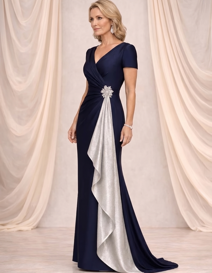 Vestido maxi de satén azul marino y plata con escote en V