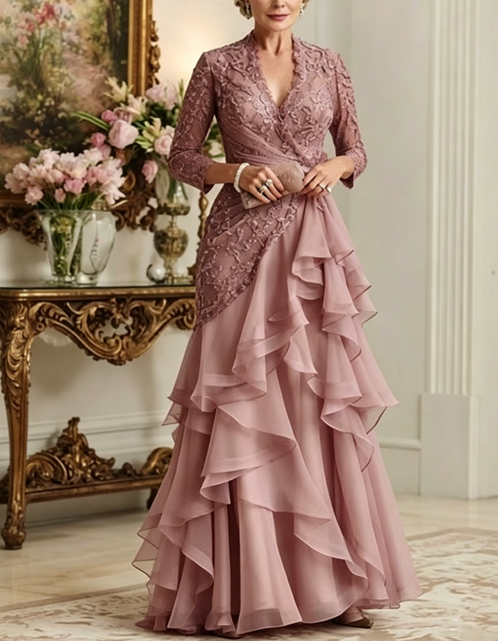 Maxikleid aus grauer und rosa Spitze mit Chiffon-Lagen