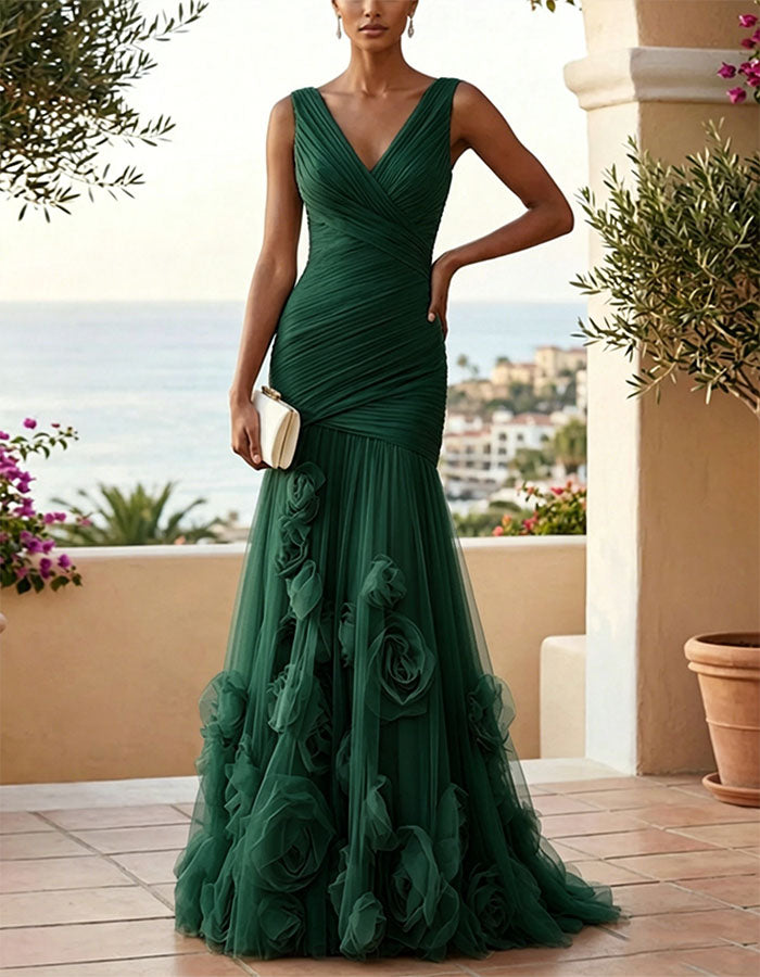 Vestido maxi de malla con rosas 3D y cuello en V de color sólido  